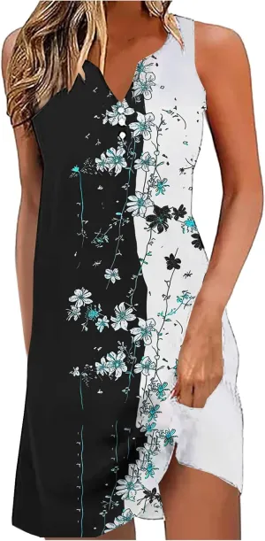 Summer Dresses for Women 2025 Beach Vacation Boho Floral Tunic Dress Sexy v Neck Sleeveless Mini Tank Sundress