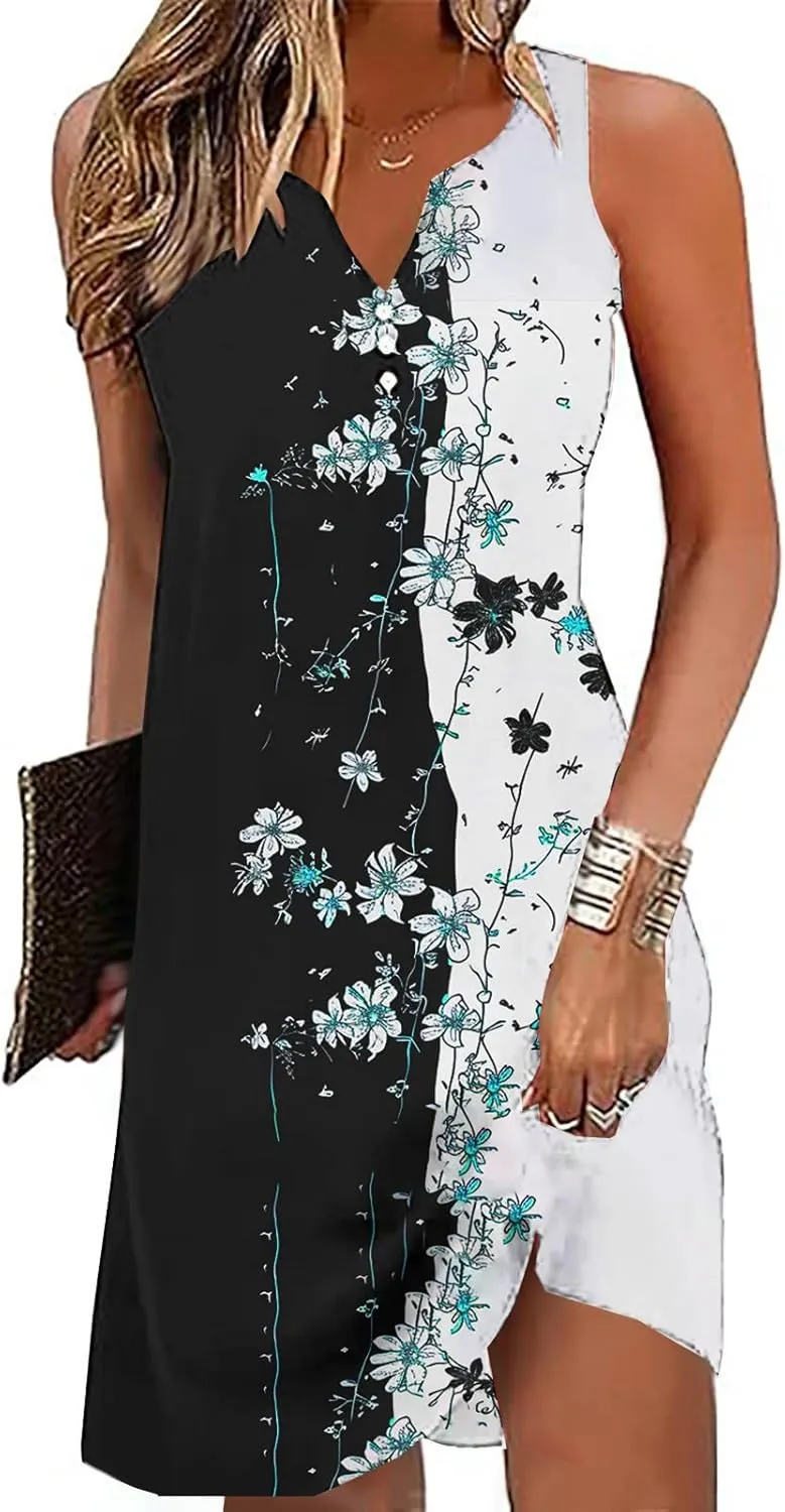 Summer Dresses for Women 2025 Beach Vacation Boho Floral Tunic Dress Sexy v Neck Sleeveless Mini Tank Sundress