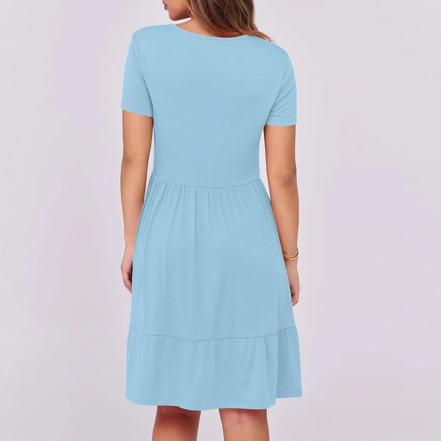 Summer Dresses for Women 2025 Casual Short Sleeve A-Line Sundresses Square Neck Tiered Shirts Dress with Pockets