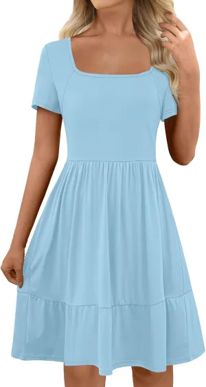 Summer Dresses for Women 2025 Casual Short Sleeve A-Line Sundresses Square Neck Tiered Shirts Dress with Pockets