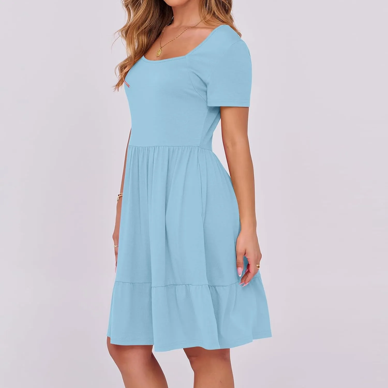 Summer Dresses for Women 2025 Casual Short Sleeve A-Line Sundresses Square Neck Tiered Shirts Dress with Pockets