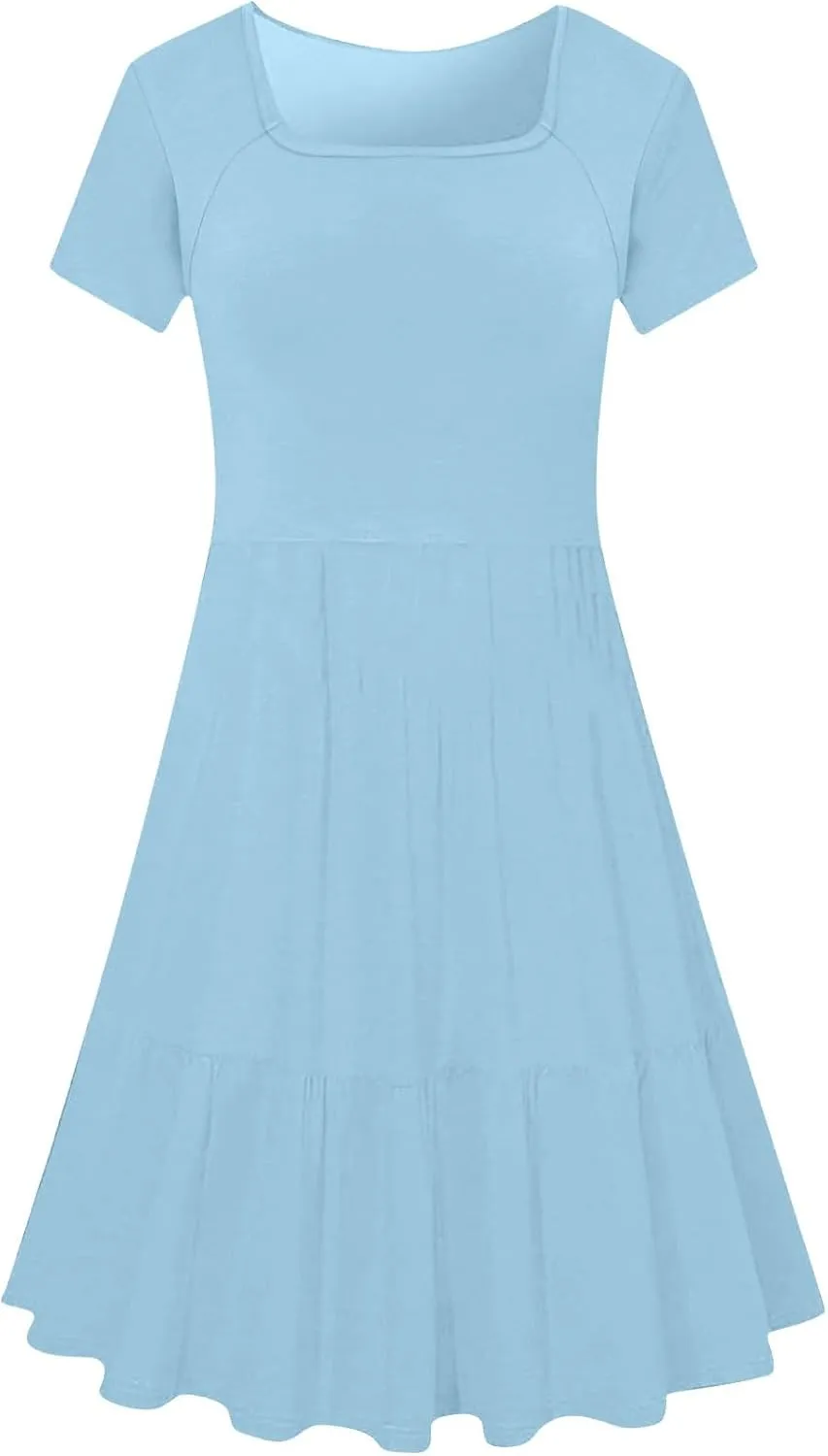 Summer Dresses for Women 2025 Casual Short Sleeve A-Line Sundresses Square Neck Tiered Shirts Dress with Pockets