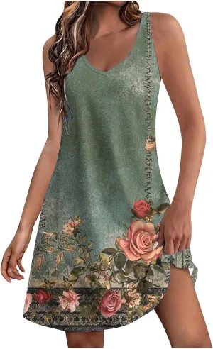 Summer Dresses for Women 2025 Casual Sleeveless Sundresses Floral V Neck Beach Dress Loose Shirt Dress with Pockets