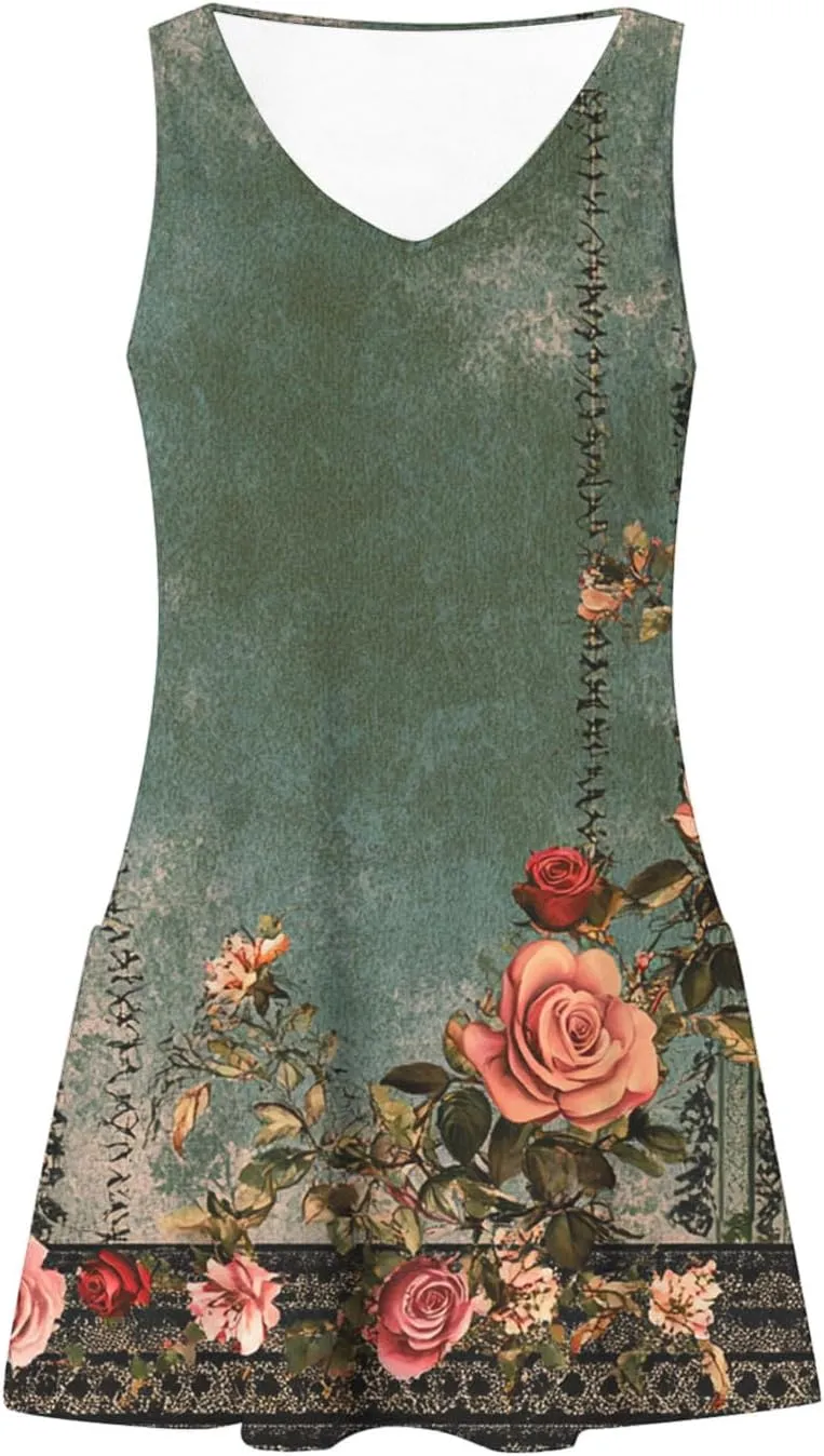 Summer Dresses for Women 2025 Casual Sleeveless Sundresses Floral V Neck Beach Dress Loose Shirt Dress with Pockets