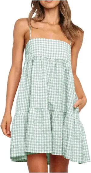 Summer Dresses for Women 2025 Casual Spaghetti Strap Ruffle Mini Dress Vacation Beach A Line Sundresses with Pockets
