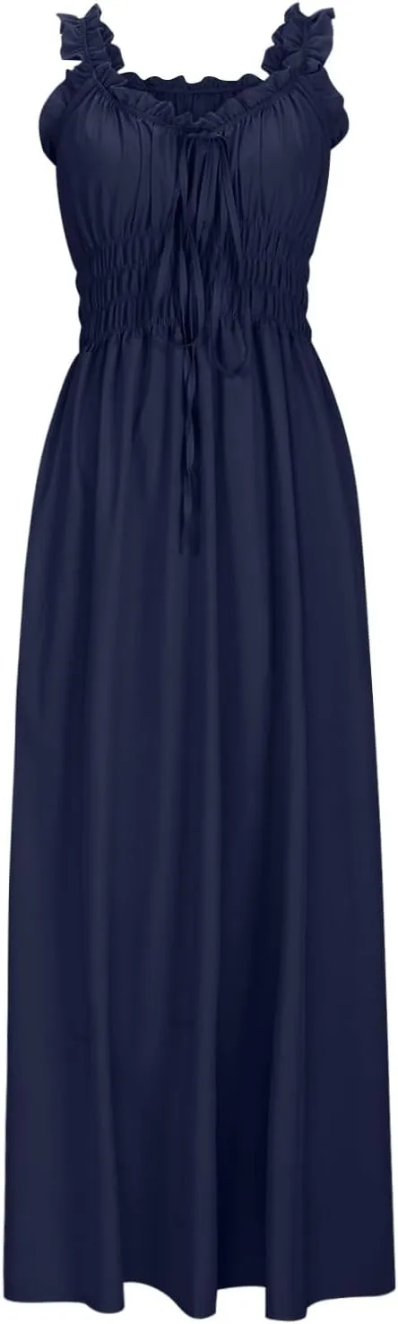 Summer Dresses for Women 2025 Dressy Wedding Sleeveless Pleated Long Dress Loose Front Tie Maxi Sun Dresses