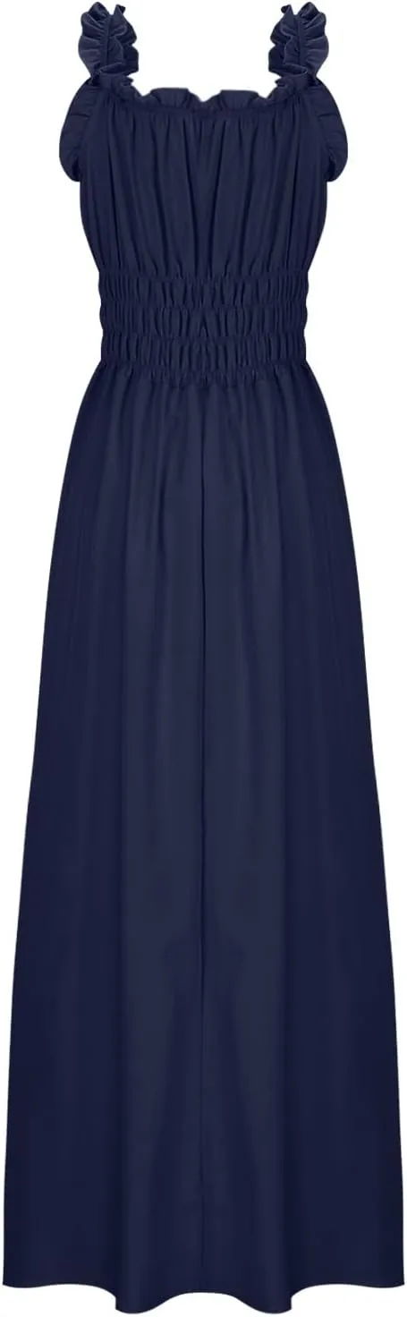 Summer Dresses for Women 2025 Dressy Wedding Sleeveless Pleated Long Dress Loose Front Tie Maxi Sun Dresses