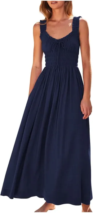 Summer Dresses for Women 2025 Dressy Wedding Sleeveless Pleated Long Dress Loose Front Tie Maxi Sun Dresses