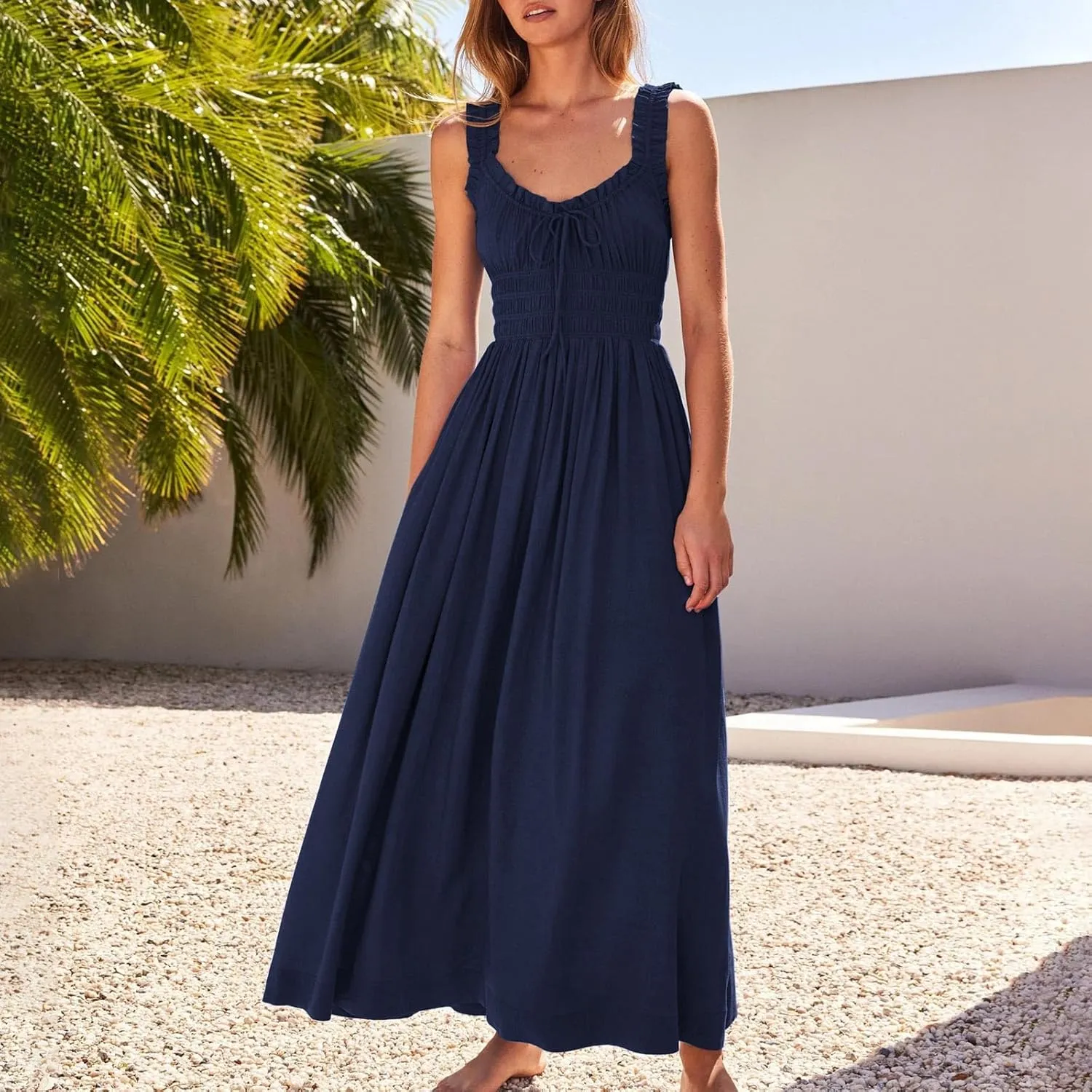 Summer Dresses for Women 2025 Dressy Wedding Sleeveless Pleated Long Dress Loose Front Tie Maxi Sun Dresses