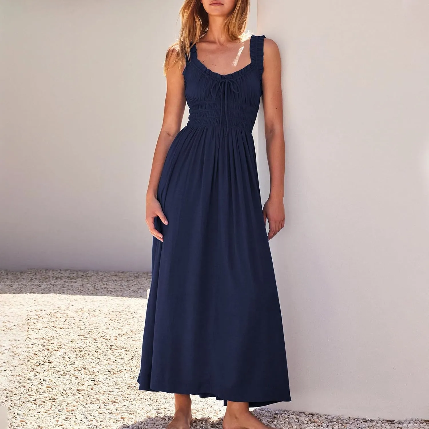 Summer Dresses for Women 2025 Dressy Wedding Sleeveless Pleated Long Dress Loose Front Tie Maxi Sun Dresses