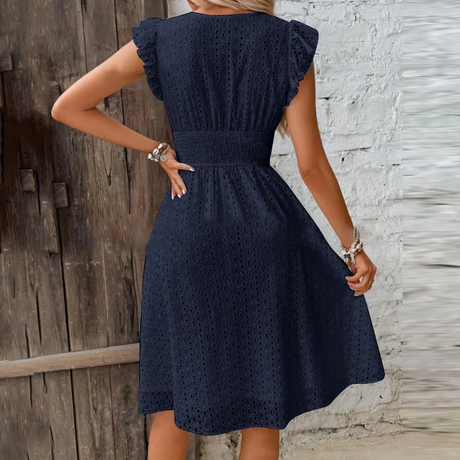 Summer Dresses for Women 2025 Puff V Neck Sleeveless Eyelet Dress Casual Loose Embroidered Wrap Dress Midi Sundress
