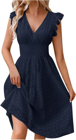 Summer Dresses for Women 2025 Puff V Neck Sleeveless Eyelet Dress Casual Loose Embroidered Wrap Dress Midi Sundress