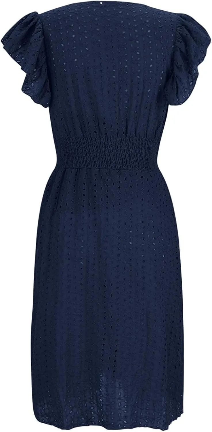 Summer Dresses for Women 2025 Puff V Neck Sleeveless Eyelet Dress Casual Loose Embroidered Wrap Dress Midi Sundress