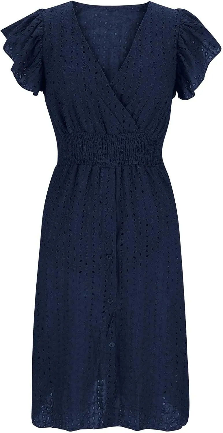 Summer Dresses for Women 2025 Puff V Neck Sleeveless Eyelet Dress Casual Loose Embroidered Wrap Dress Midi Sundress