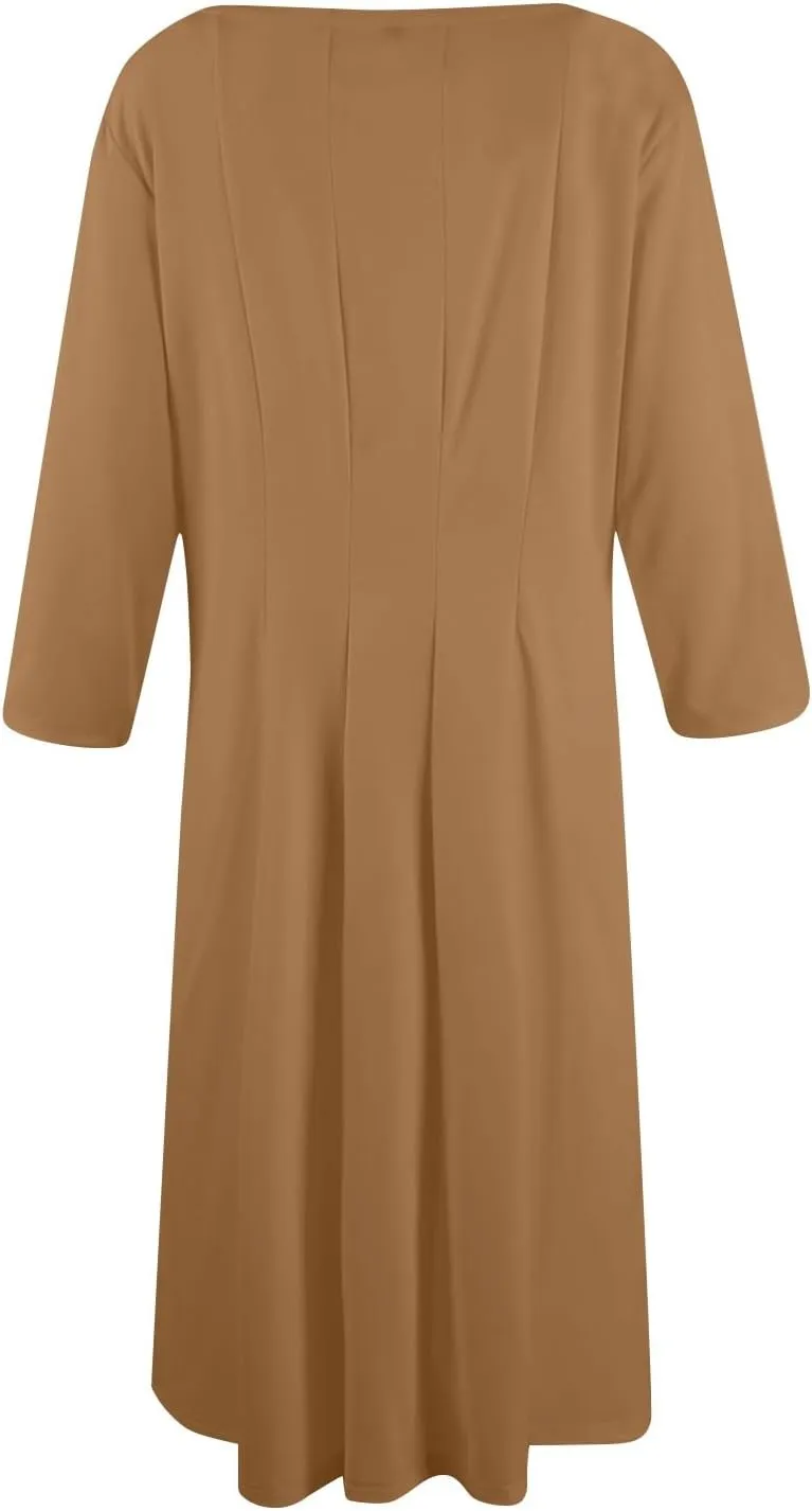 Summer Dresses for Women 2025 Round Neck 3/4 Sleeve Midi Dress Solid Color A Line Flowy Dress with Pockets