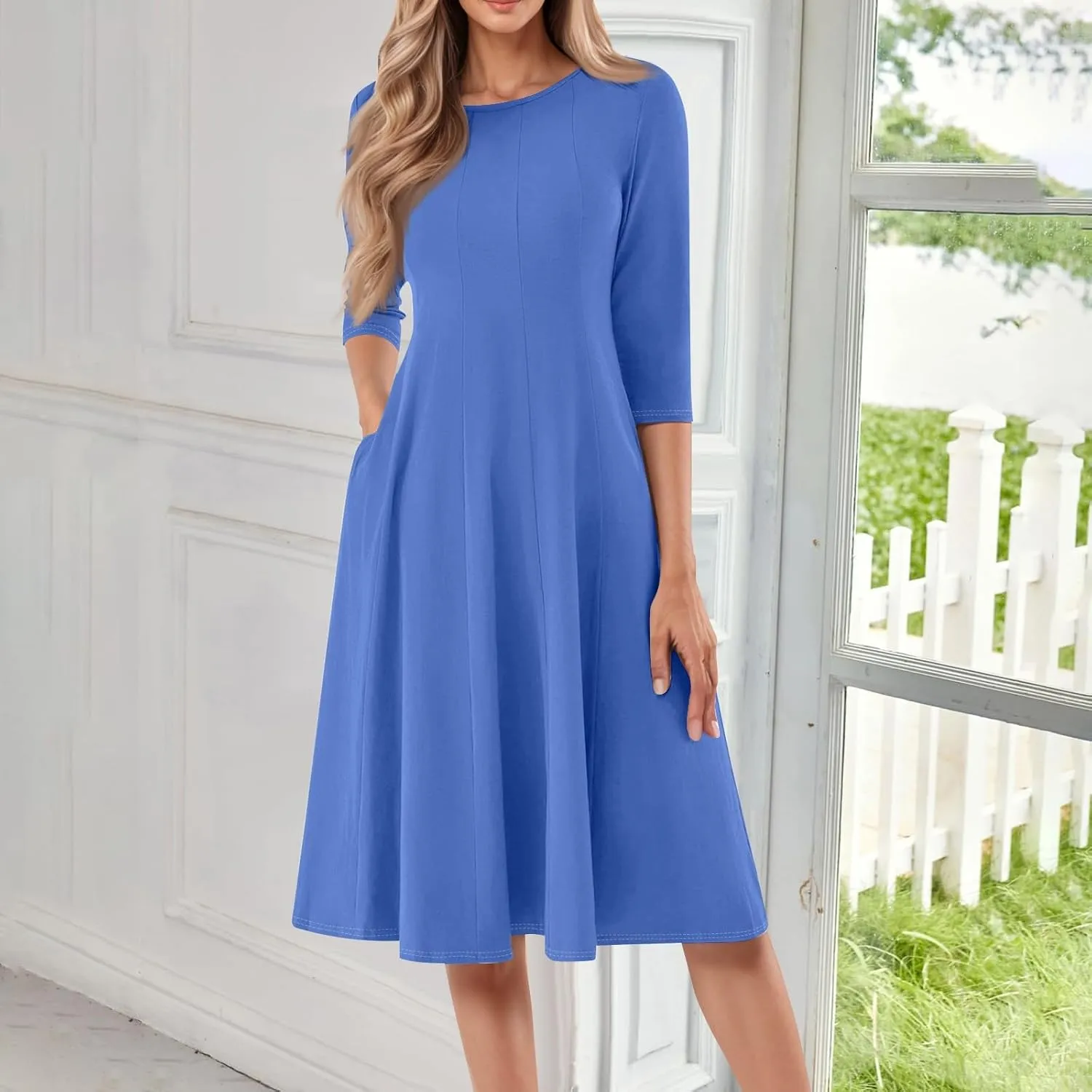 Summer Dresses for Women 2025 Round Neck 3/4 Sleeve Midi Dress Solid Color A Line Flowy Dress with Pockets