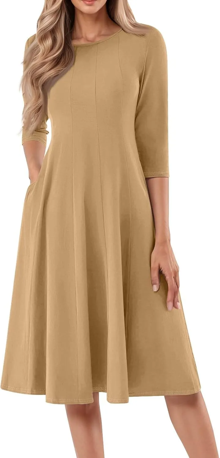 Summer Dresses for Women 2025 Round Neck 3/4 Sleeve Midi Dress Solid Color A Line Flowy Dress with Pockets