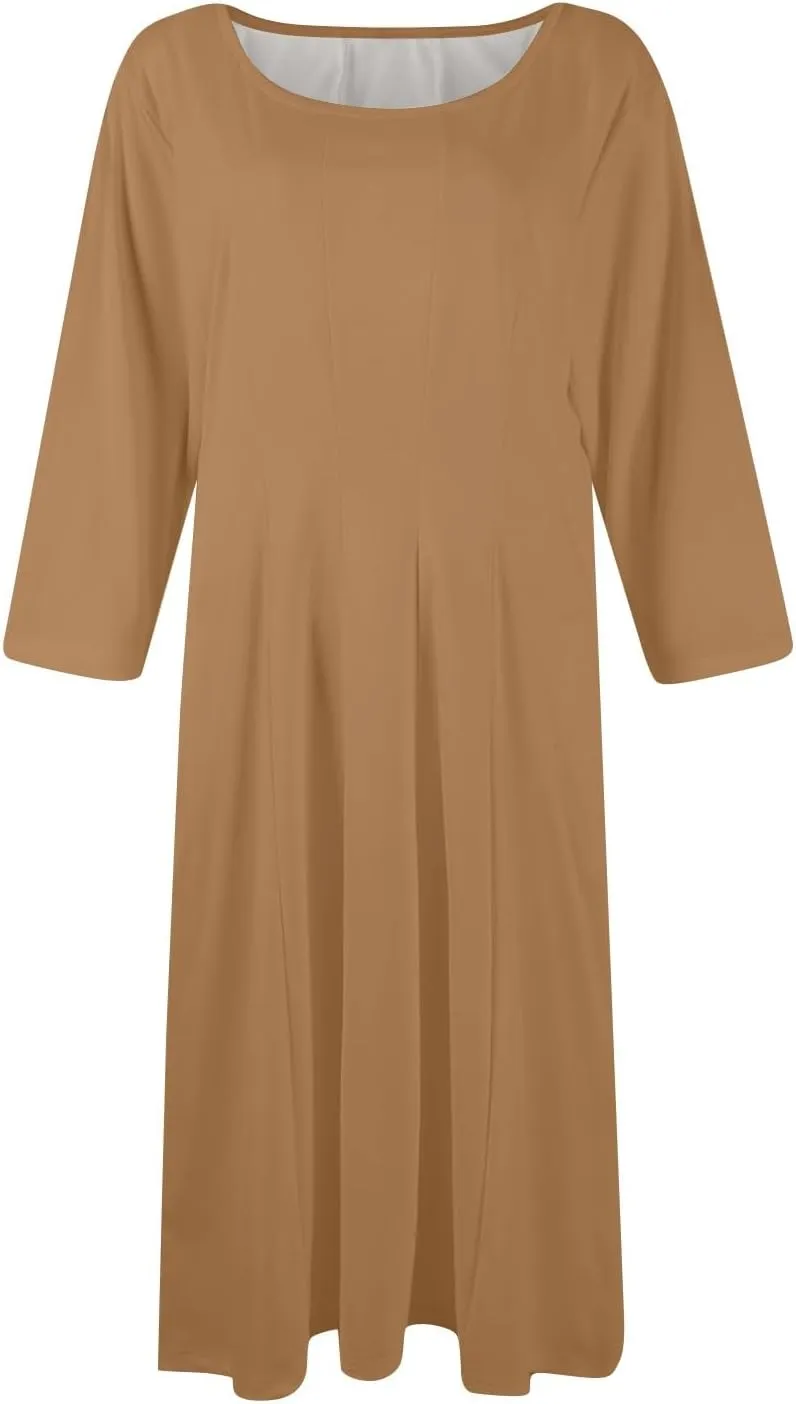Summer Dresses for Women 2025 Round Neck 3/4 Sleeve Midi Dress Solid Color A Line Flowy Dress with Pockets