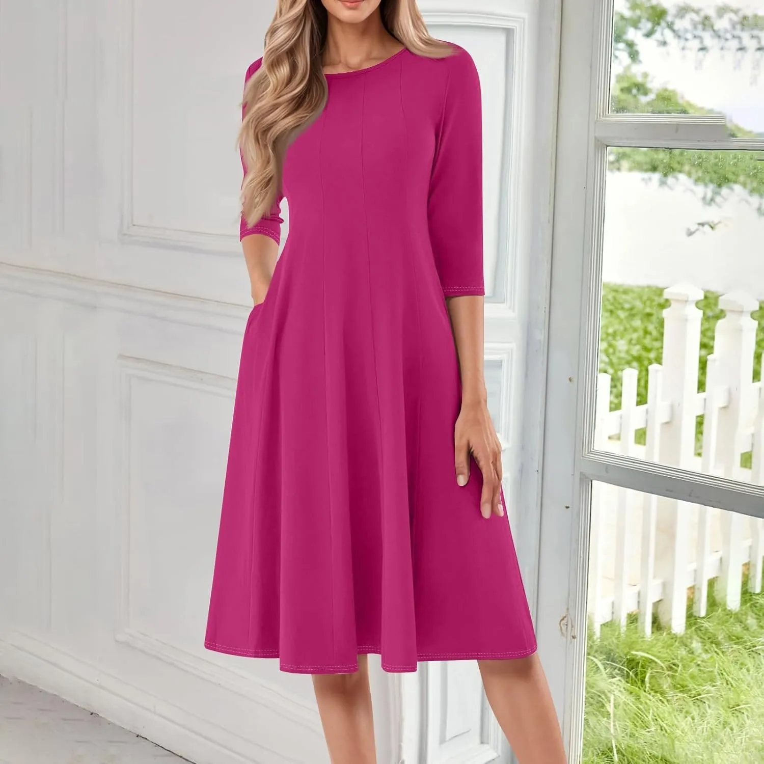 Summer Dresses for Women 2025 Round Neck 3/4 Sleeve Midi Dress Solid Color A Line Flowy Dress with Pockets