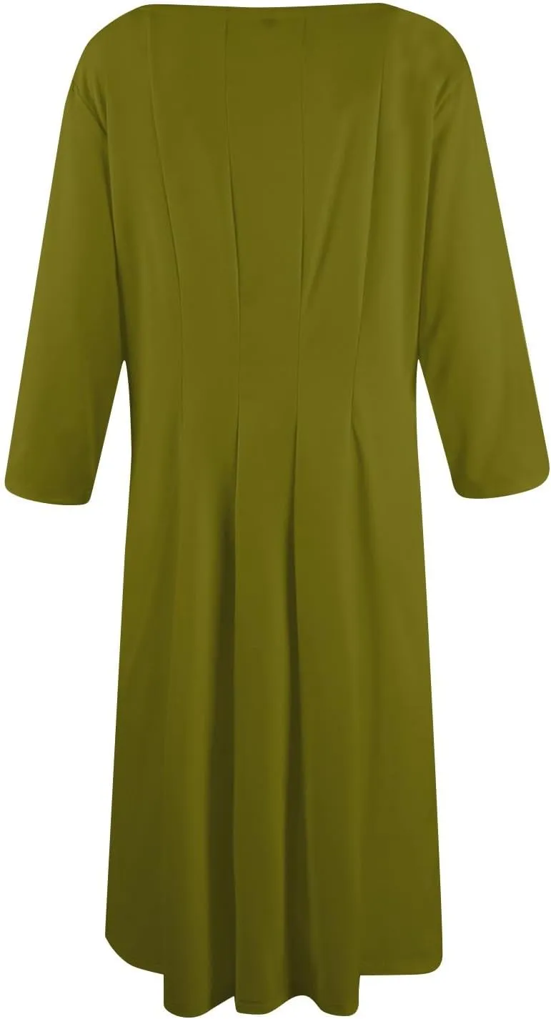 Summer Dresses for Women 2025 Round Neck 3/4 Sleeve Midi Dress Solid Color A Line Flowy Dress with Pockets