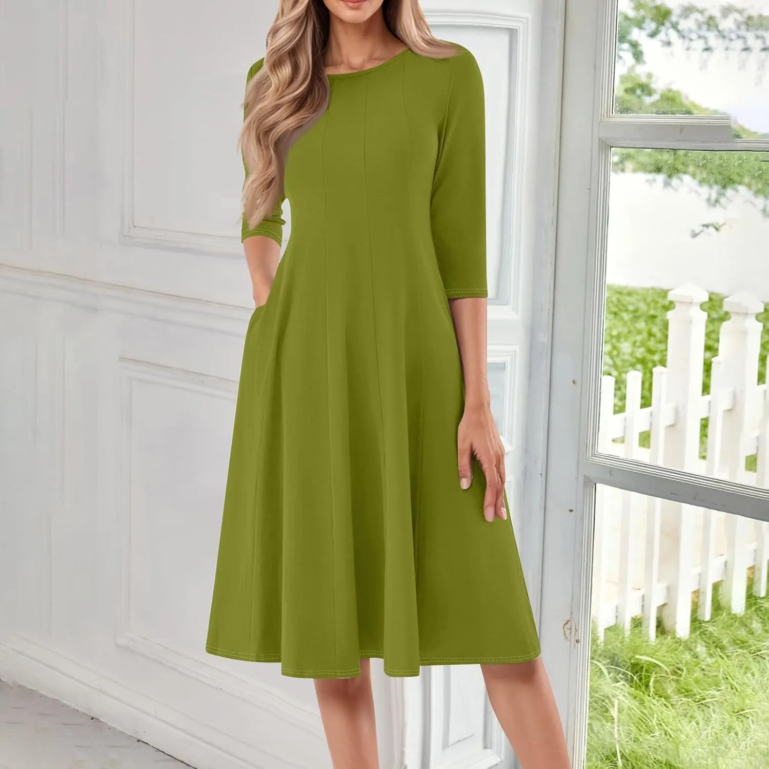 Summer Dresses for Women 2025 Round Neck 3/4 Sleeve Midi Dress Solid Color A Line Flowy Dress with Pockets