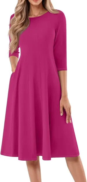 Summer Dresses for Women 2025 Round Neck 3/4 Sleeve Midi Dress Solid Color A Line Flowy Dress with Pockets