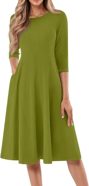 Summer Dresses for Women 2025 Round Neck 3/4 Sleeve Midi Dress Solid Color A Line Flowy Dress with Pockets