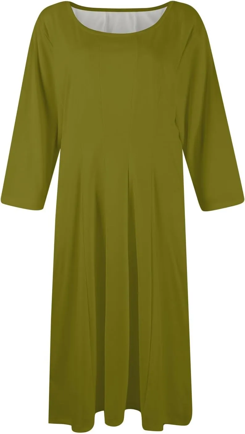 Summer Dresses for Women 2025 Round Neck 3/4 Sleeve Midi Dress Solid Color A Line Flowy Dress with Pockets