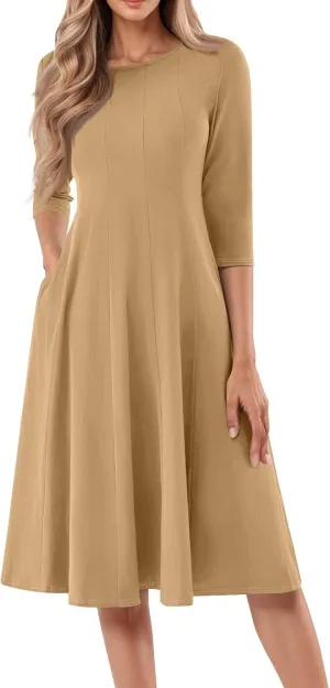 Summer Dresses for Women 2025 Round Neck 3/4 Sleeve Midi Dress Solid Color A Line Flowy Dress with Pockets