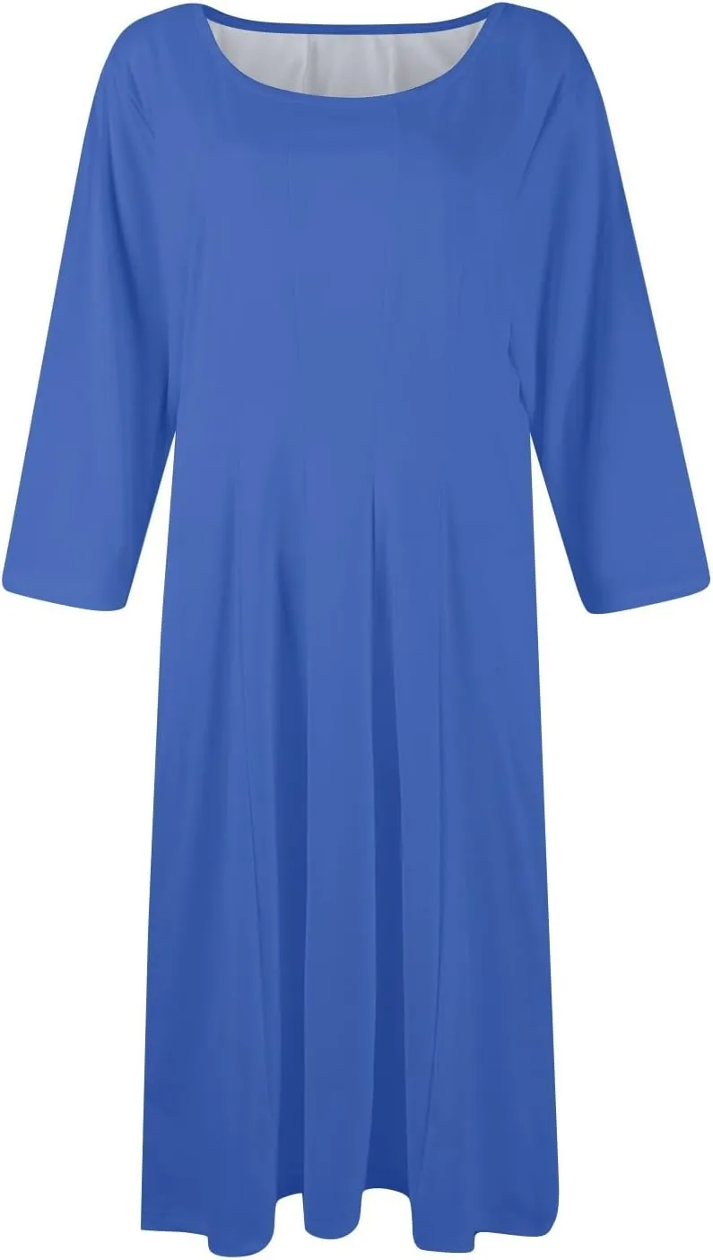 Summer Dresses for Women 2025 Round Neck 3/4 Sleeve Midi Dress Solid Color A Line Flowy Dress with Pockets
