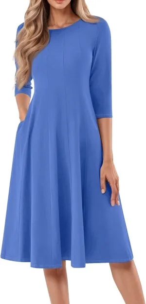 Summer Dresses for Women 2025 Round Neck 3/4 Sleeve Midi Dress Solid Color A Line Flowy Dress with Pockets