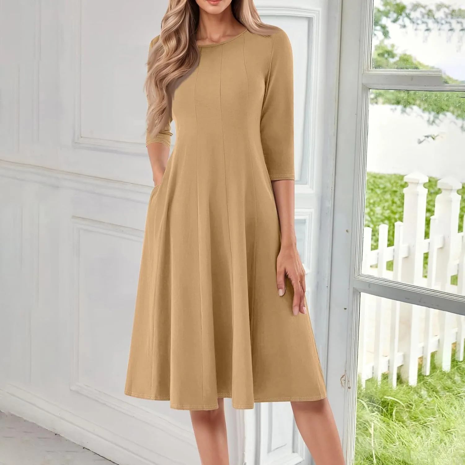 Summer Dresses for Women 2025 Round Neck 3/4 Sleeve Midi Dress Solid Color A Line Flowy Dress with Pockets