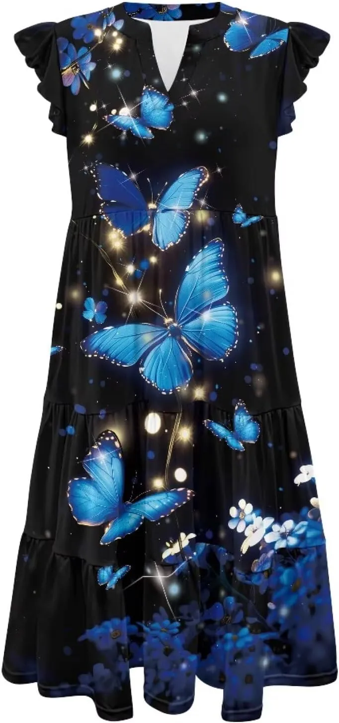 Summer Dresses for Women 2025 V-Neck Ruffle Sleeve A Line Tiered Flowy Fashion Trendy Mini Beach Dress with Pocket