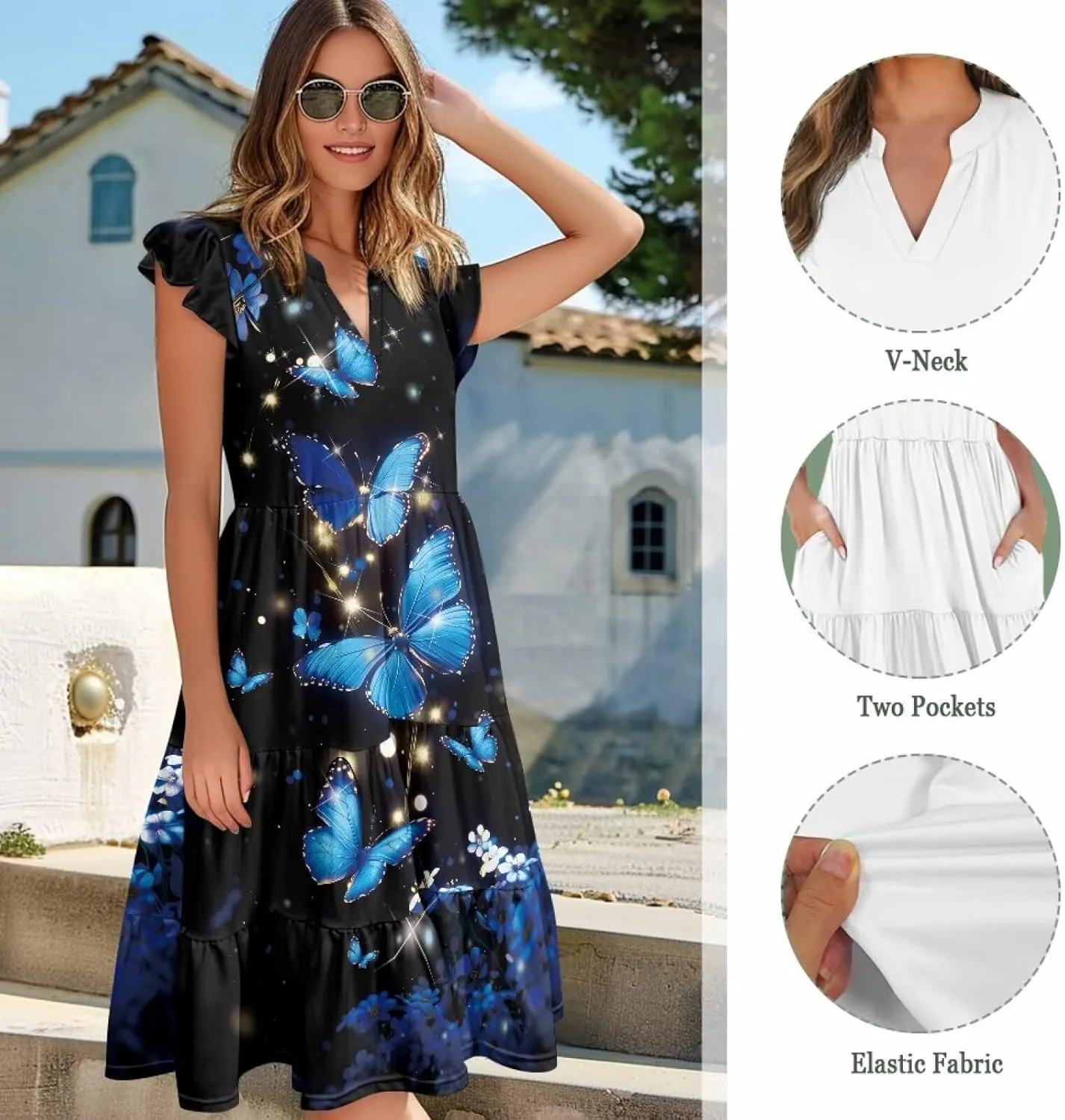 Summer Dresses for Women 2025 V-Neck Ruffle Sleeve A Line Tiered Flowy Fashion Trendy Mini Beach Dress with Pocket
