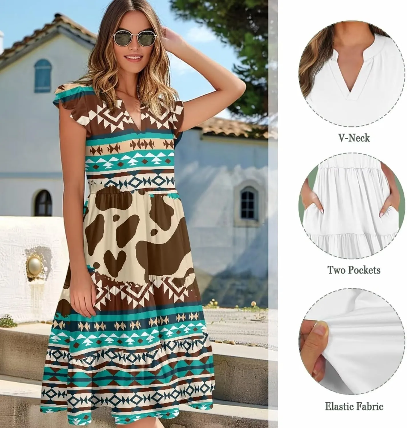 Summer Dresses for Women 2025 V-Neck Ruffle Sleeve A Line Tiered Flowy Fashion Trendy Mini Beach Dress with Pocket