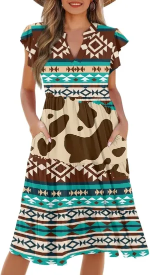 Summer Dresses for Women 2025 V-Neck Ruffle Sleeve A Line Tiered Flowy Fashion Trendy Mini Beach Dress with Pocket