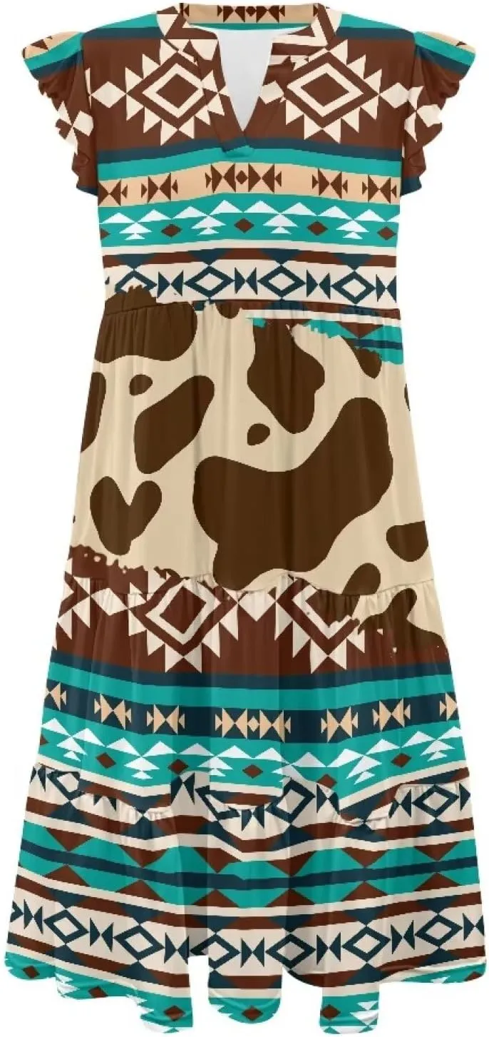 Summer Dresses for Women 2025 V-Neck Ruffle Sleeve A Line Tiered Flowy Fashion Trendy Mini Beach Dress with Pocket