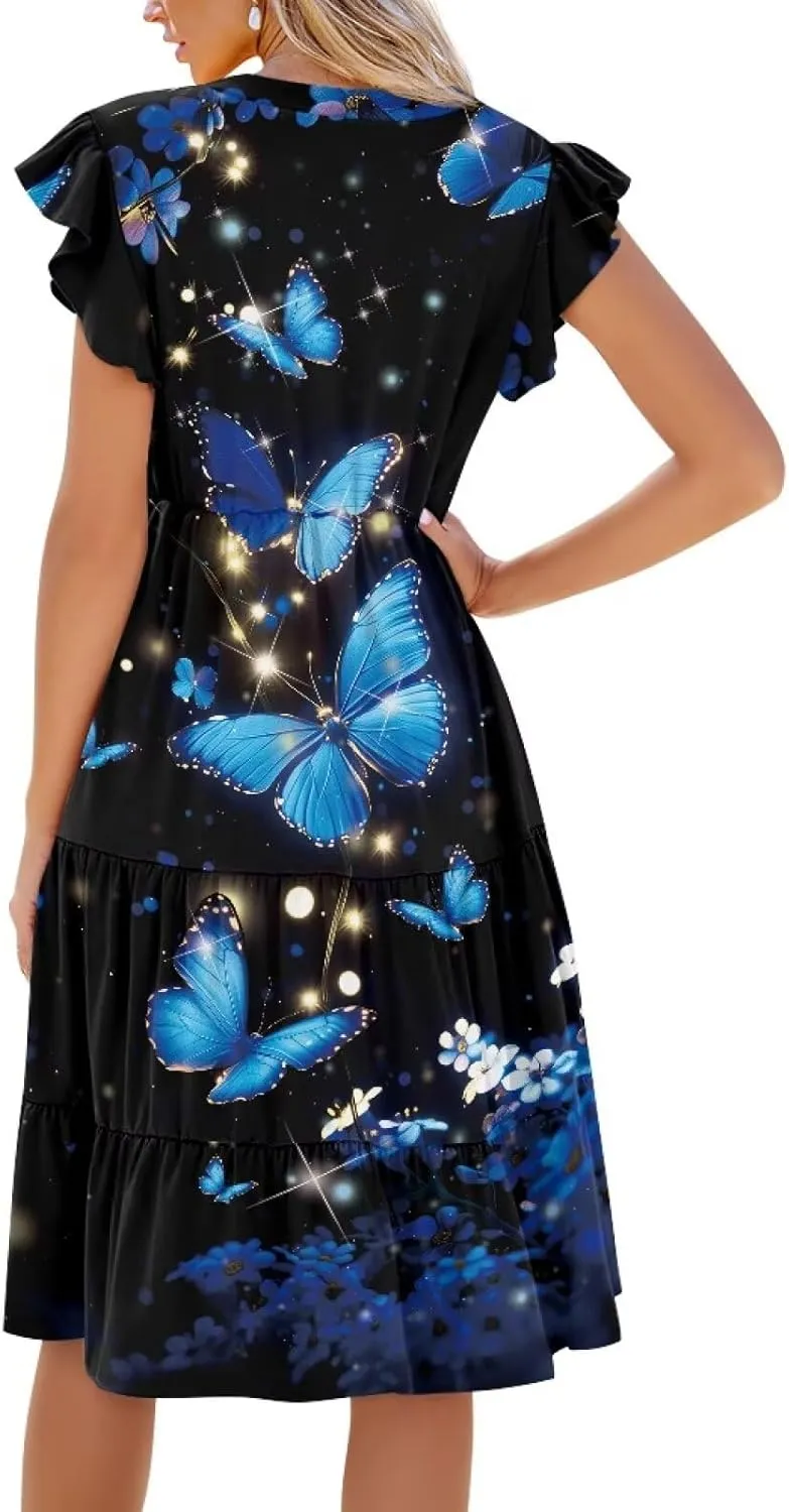 Summer Dresses for Women 2025 V-Neck Ruffle Sleeve A Line Tiered Flowy Fashion Trendy Mini Beach Dress with Pocket