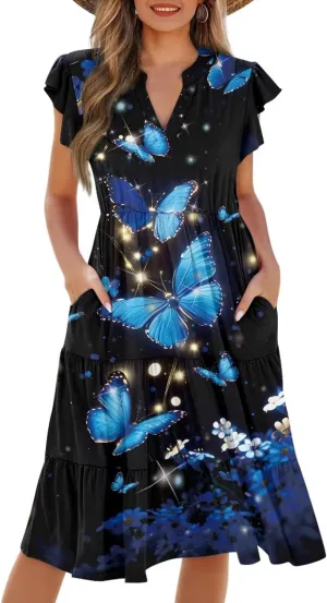 Summer Dresses for Women 2025 V-Neck Ruffle Sleeve A Line Tiered Flowy Fashion Trendy Mini Beach Dress with Pocket