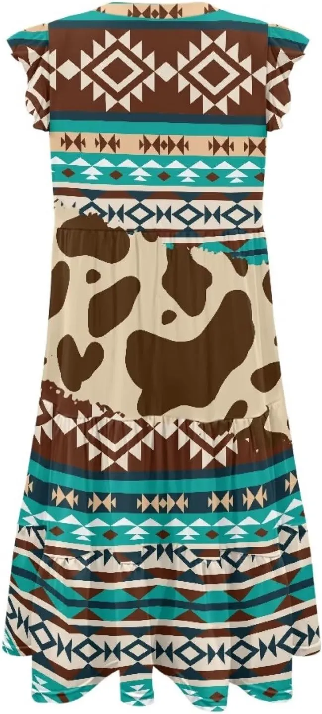Summer Dresses for Women 2025 V-Neck Ruffle Sleeve A Line Tiered Flowy Fashion Trendy Mini Beach Dress with Pocket