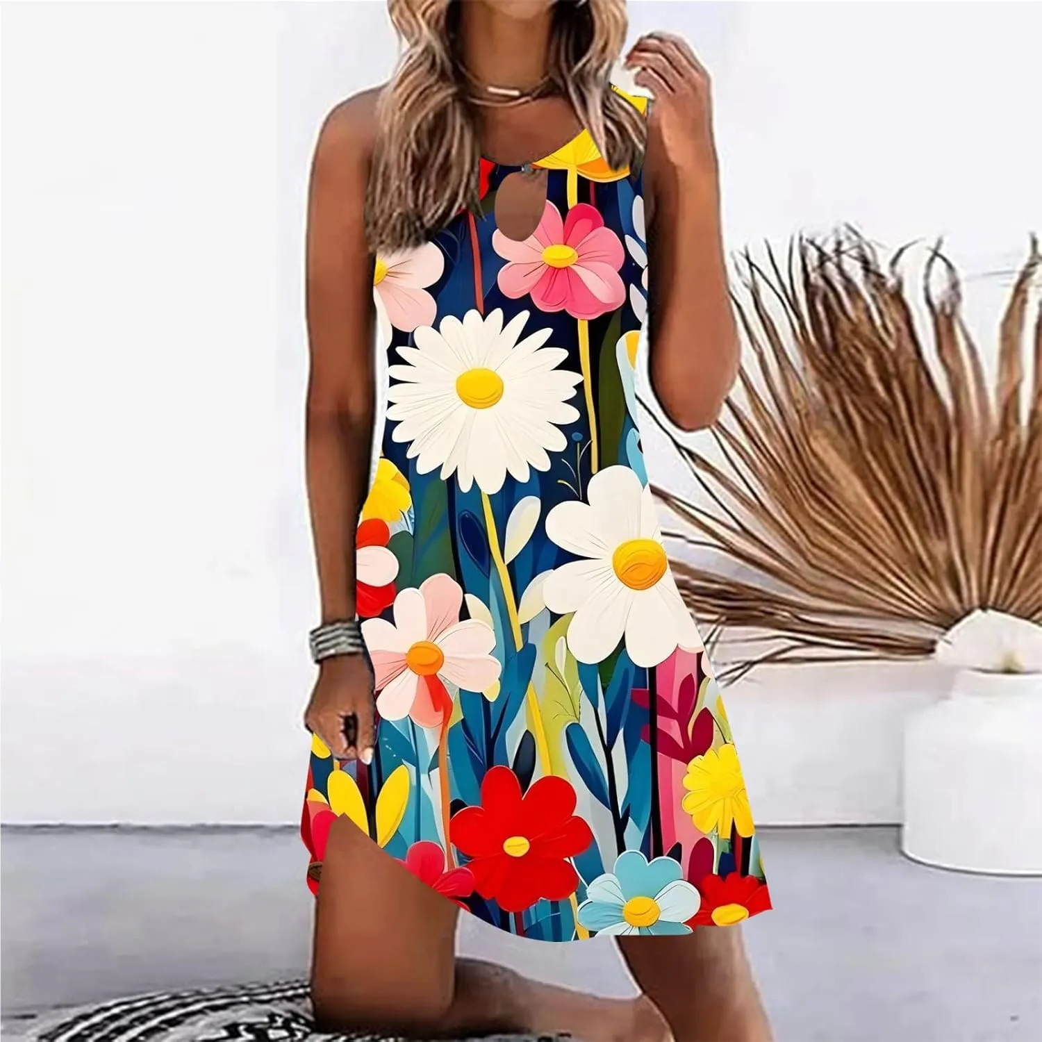 Summer Dresses for Women 2025 Vacation Beach Casual Vintage Midi Sundresses Sexy Sleeveless V Neck Boho Tank Dress