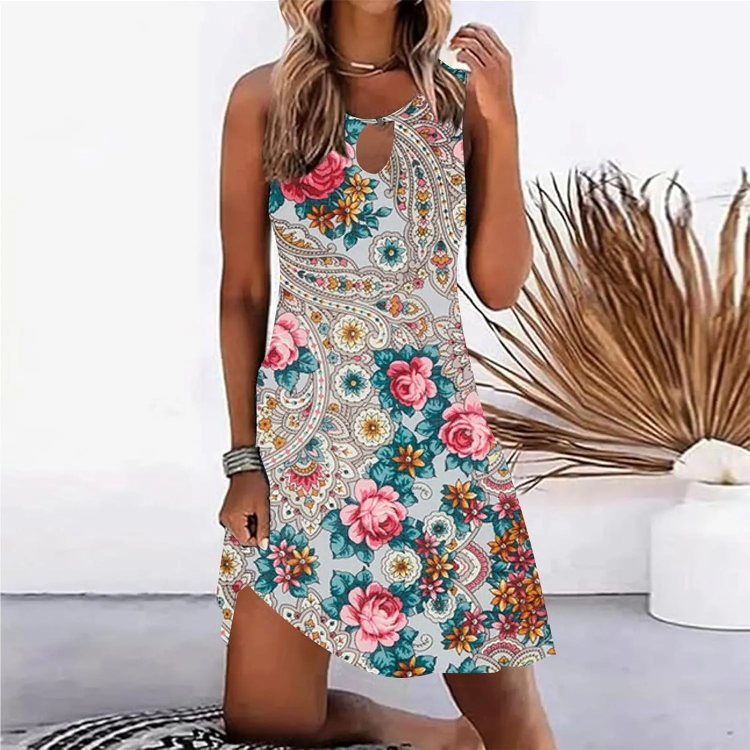 Summer Dresses for Women 2025 Vacation Beach Casual Vintage Midi Sundresses Sexy Sleeveless V Neck Boho Tank Dress