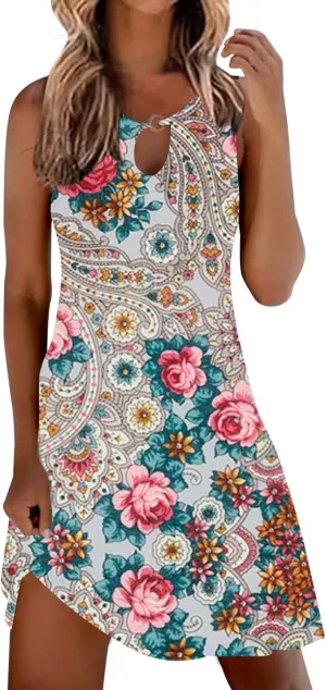 Summer Dresses for Women 2025 Vacation Beach Casual Vintage Midi Sundresses Sexy Sleeveless V Neck Boho Tank Dress