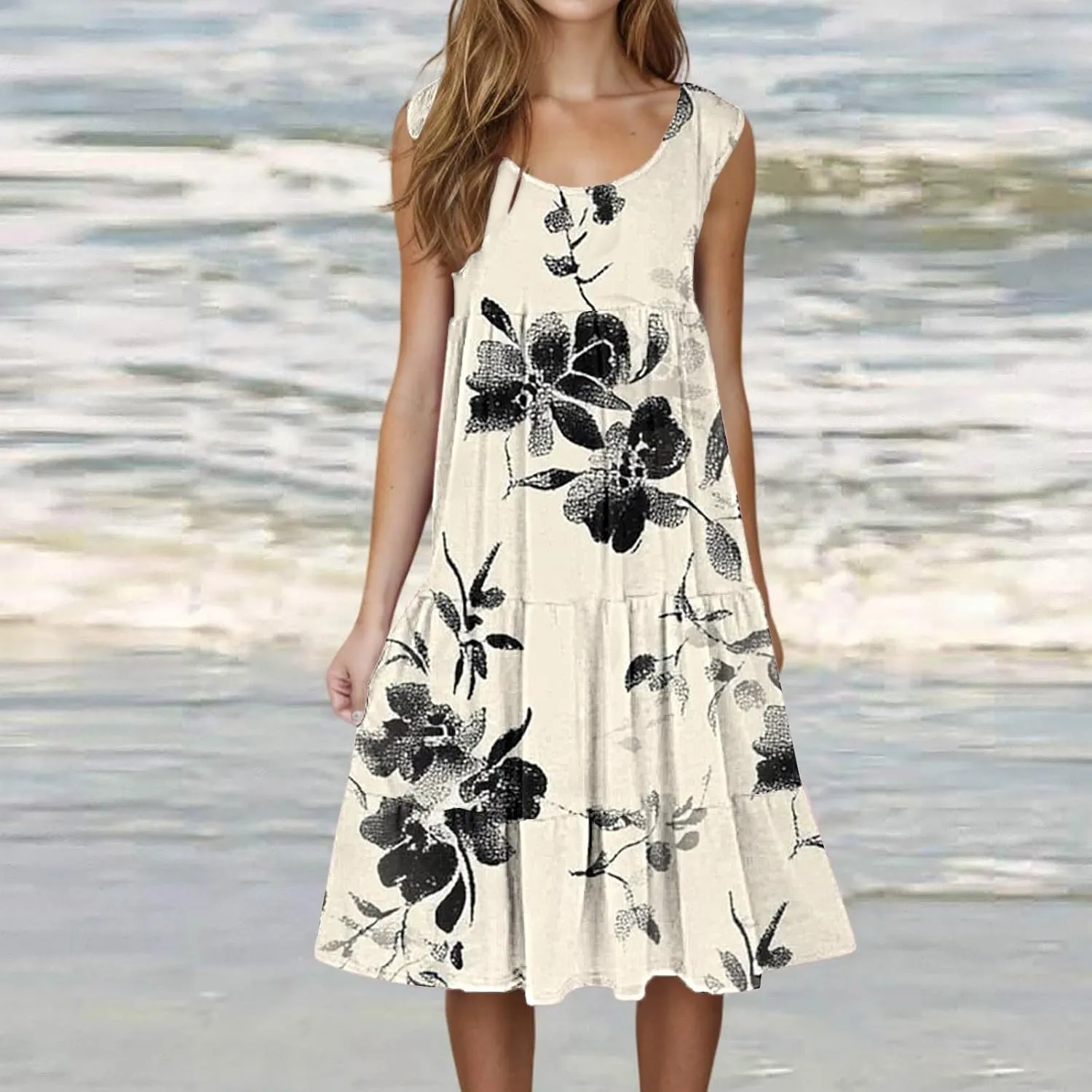 Summer Dresses for Women 2025 Vacation Casual Sexy Sleeveless Beach Dress Crewneck Splicing Boho Flowy Midi Sundresses