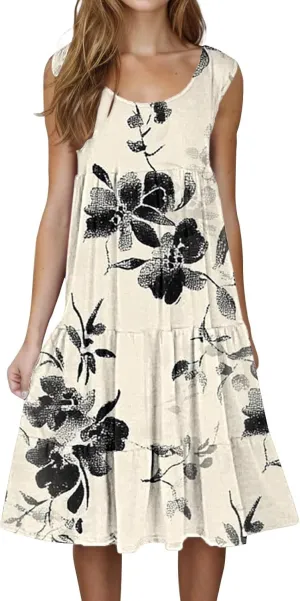 Summer Dresses for Women 2025 Vacation Casual Sexy Sleeveless Beach Dress Crewneck Splicing Boho Flowy Midi Sundresses