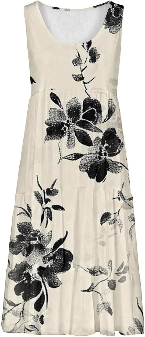 Summer Dresses for Women 2025 Vacation Casual Sexy Sleeveless Beach Dress Crewneck Splicing Boho Flowy Midi Sundresses