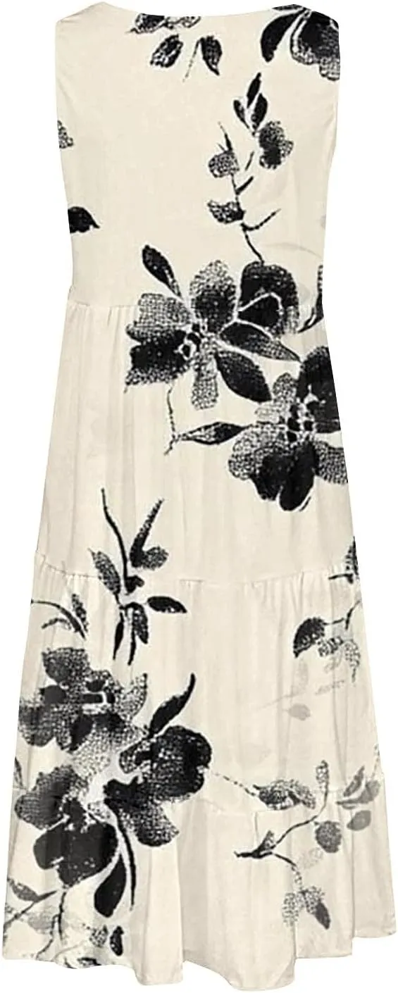 Summer Dresses for Women 2025 Vacation Casual Sexy Sleeveless Beach Dress Crewneck Splicing Boho Flowy Midi Sundresses
