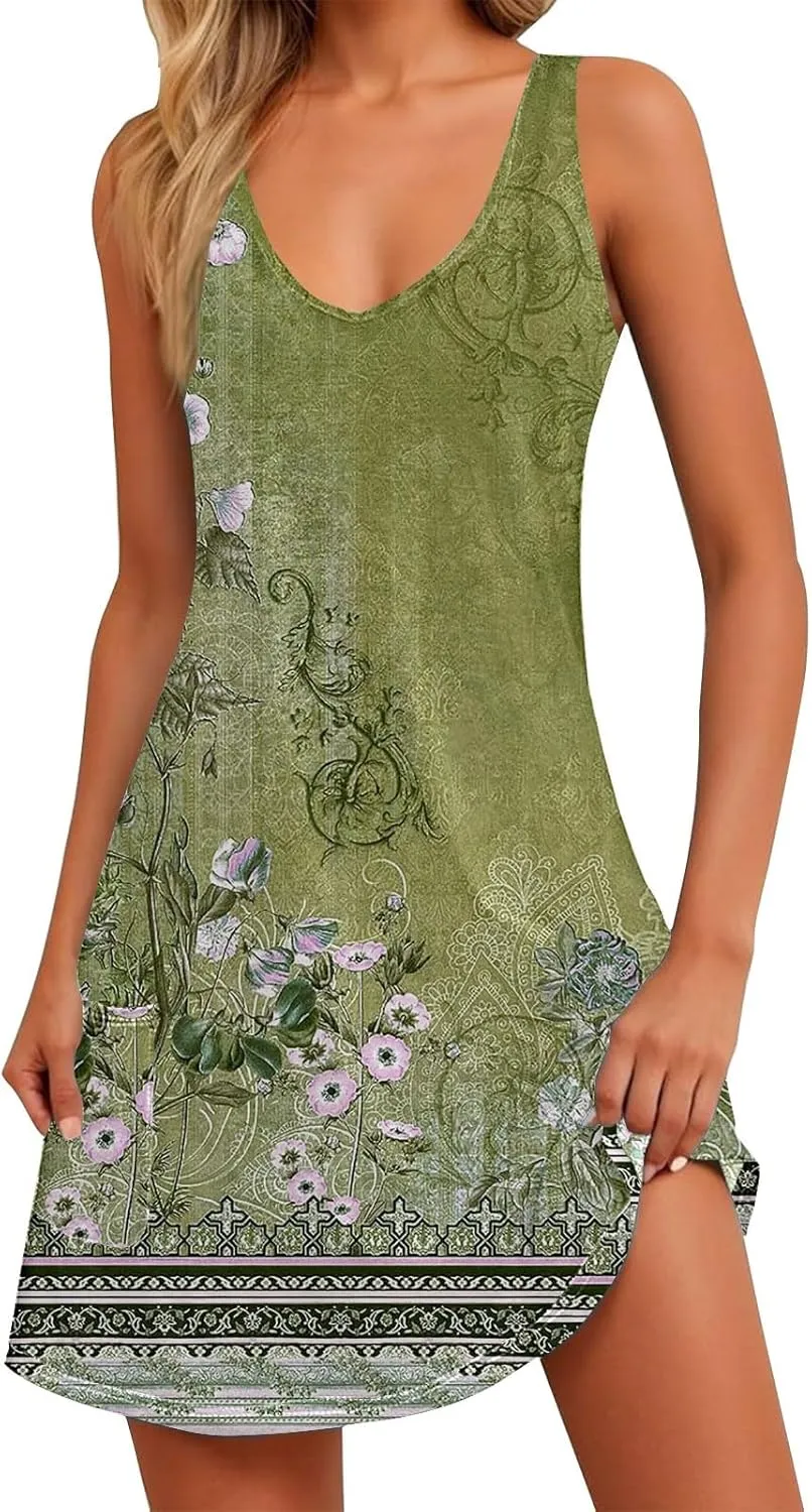 Summer Dresses for Women 2025 Vacation Floral Slip Dress Boho Sleeveless Dress Casual V Neck Beach Sundresses