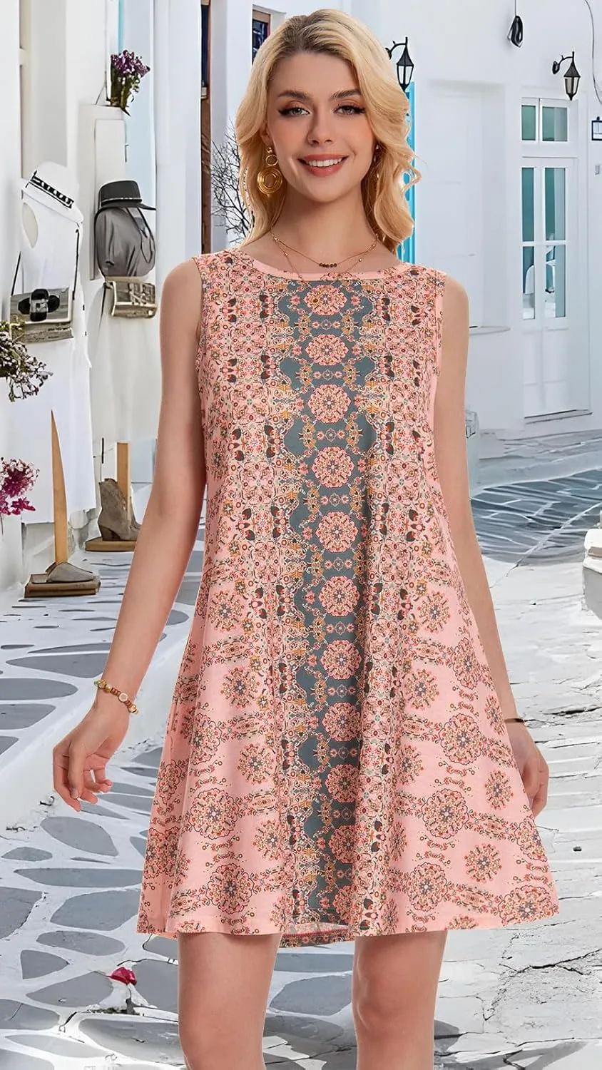Summer Dresses for Women Beach Boho Sleeveless Vintage Floral Flowy Pocket Tshirt Tank Sundresses