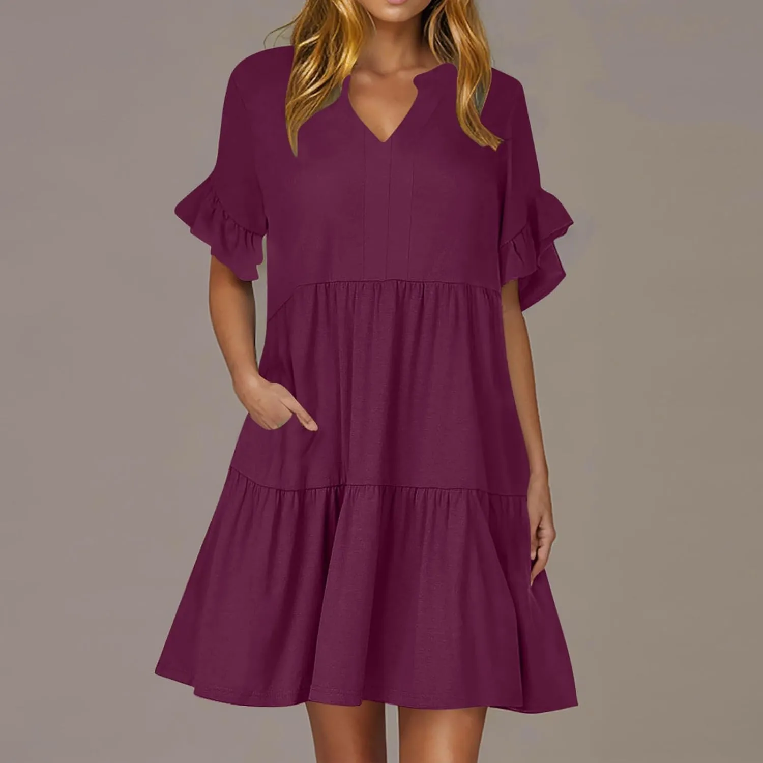Summer Dresses for Women Casual Ruffle Sleeve Button Down Shirt Dress Tiered Flowy Shift Sundresses with Pockets